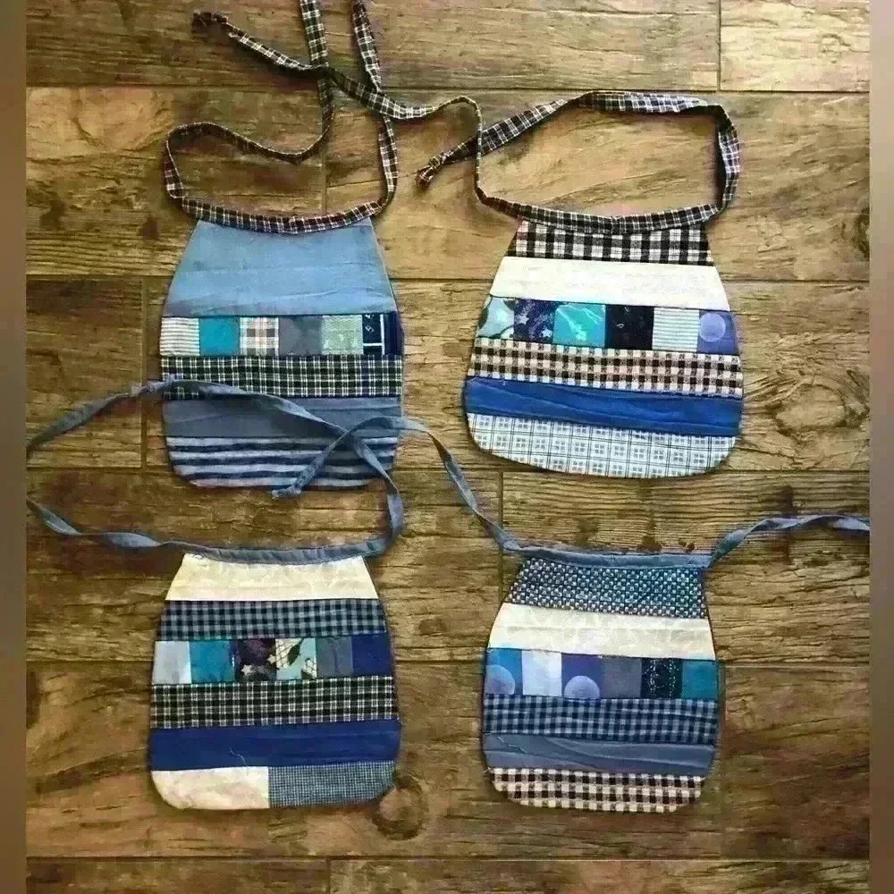 LOT OF 4 BABY BOY DENIM UPCYCLED MATERIAL QUILT BIBS